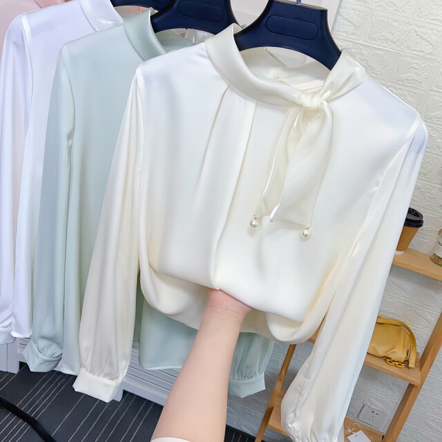 Scarf bow stand collar acetate satin shirt for women in spring and autumn new style loose bottoming white chiffon shirt top