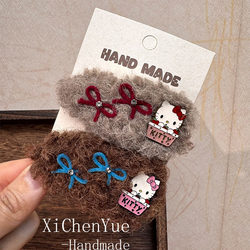 Autumn and Winter 2025 New Furry Japanese-Style Kt Cat Hair Clip, Hello Kitty Plush Hair Clip, Cute Girl Bangs Clip Hair Accessory
