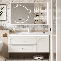 New French-Style Cream-Colored Bathroom Cabinet Set with Smart Washbasin, Ceramic Integrated Basin, Washstand, and Solid Wood Washbasin