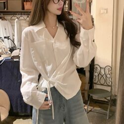 French V-Neck Side Waist Strap Long-Sleeved Shirt for Women 2026 Spring New Style Loose Casual Design Simple Shirt
