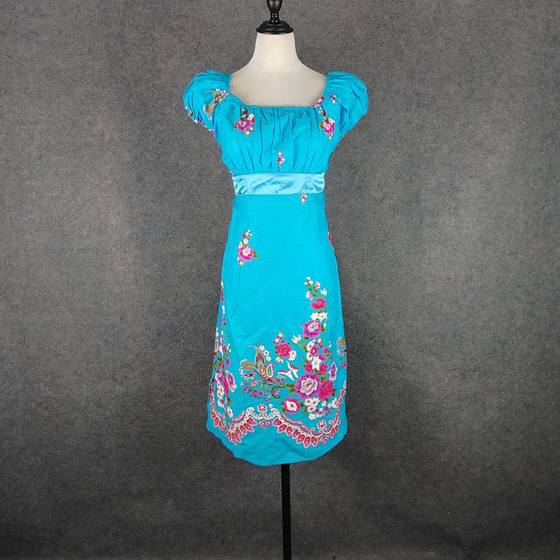 Clearing warehouse processing Bohemian ethnic floral fabric printed high waisted women's Thai short sleeved dresses for summer wear with short sleeves