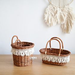 Rustic Japanese-Style Tassel Lace Rattan Basket, Hand-Woven Flower Basket, Storage Basket, Photography Prop, Plog