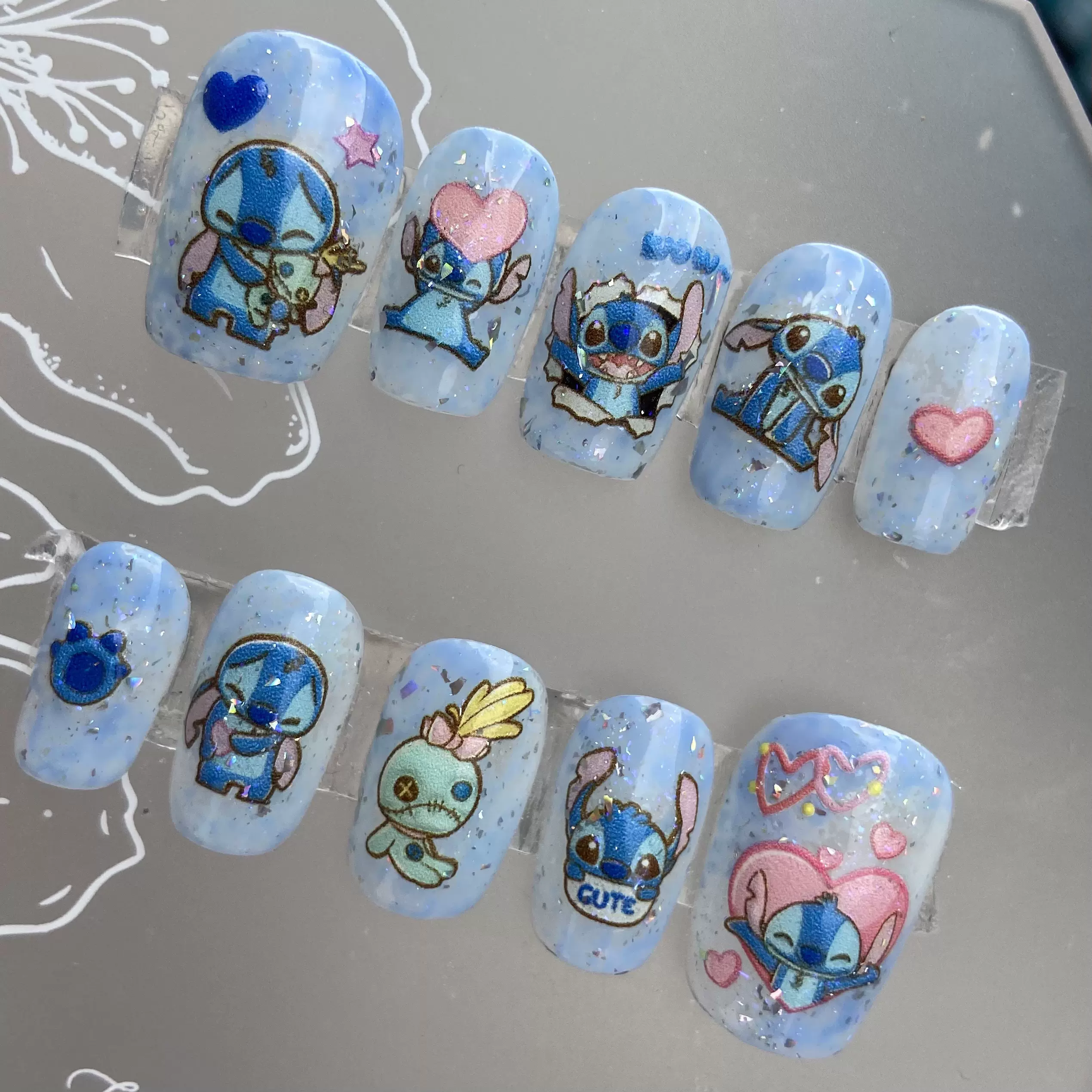 手工制作穿戴甲美甲成品贴片定制史迪仔蓝色可爱干净卡通日常