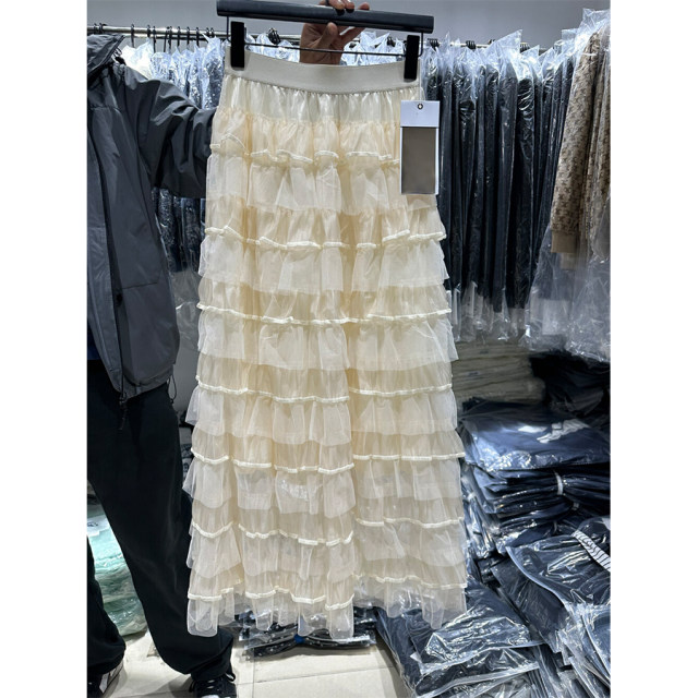 2025 spring apricot gauze cake skirt mid-length skirt trendy elastic waist texture versatile elastic waist high waist 92
