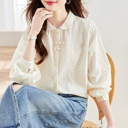 100% Cotton Apricot Embroidered Shirt for Women, Long-Sleeved, High-End Top, 2026 New Chinese Style Pure Cotton Button-Down Shirt