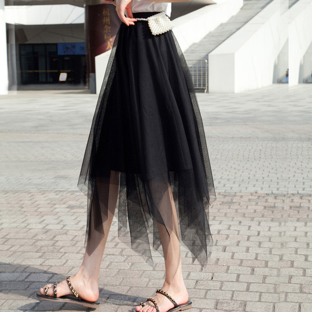 High -waist irregular large size, thin women's net gauze skirt A2024 summer new black wild A -line long skirt
