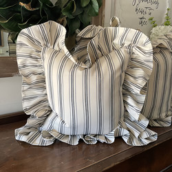 Striped Original Pillow, French Country Aesthetic, Retro Sofa Cushion Cover, Washed Cotton Lumbar Pillow with Insert, Ruffled Edge