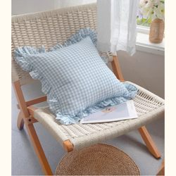 Korean-Style Blue Plaid Pillow with Washed Cotton Edge, Cream Fresh Sofa Cushion Cover with Insert, Solid Color Fabric Lumbar Support