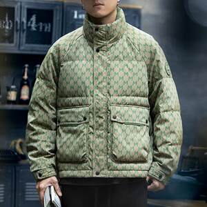 
American workwear down jacket men's winter 2026 new trendy brand printed short stand-up collar bread coat down jacket