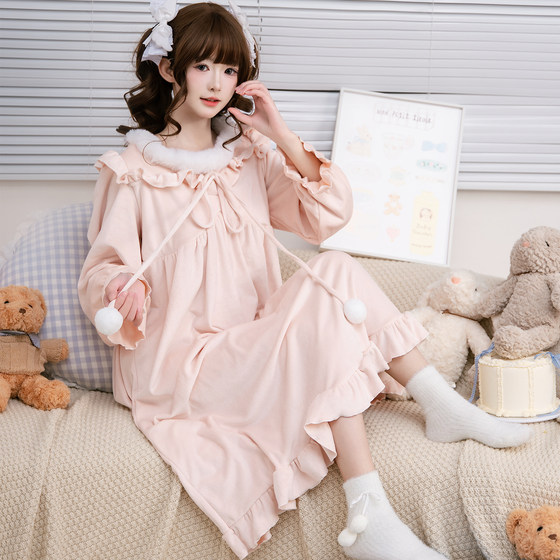 
Tianyuchuan Lolita nightgown women's autumn and winter super soft short plush pajamas cute princess style wearable dress