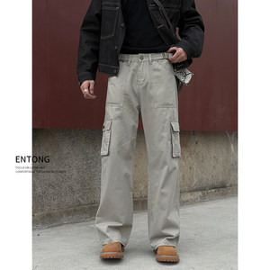 
Entong Japanese retro gray apricot casual work jeans men's multi-pocket loose straight high street pants