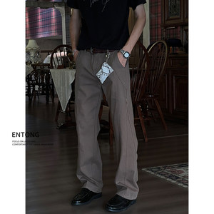
Entong brown retro deconstructed design jeans American high street boys' loose straight casual trousers