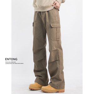 
Entong Spring and Autumn New American Retro Brown Cargo Pants Khaki Washed Loose Straight All-match Pants