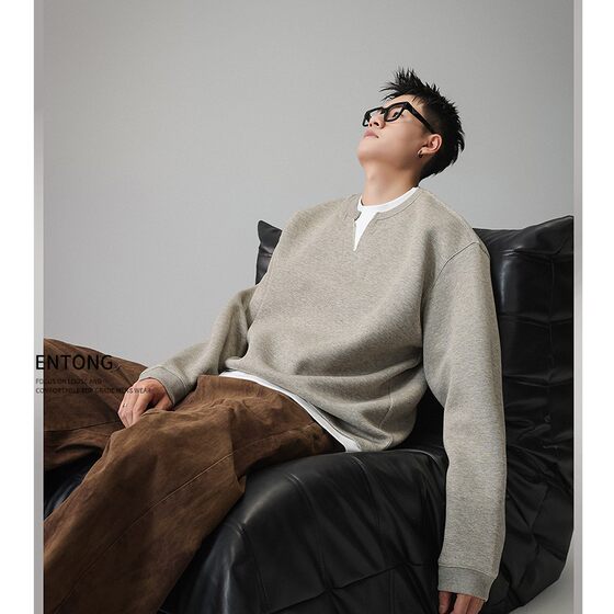 
Entong American fashion brand fake two-piece V-neck sweatshirt for men in spring and autumn cleanfit solid color inner heavy top