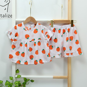 
Parent-child home clothing mother-daughter clothing girls cotton silk summer short-sleeved thin baby cotton air-conditioning clothing artificial cotton shorts