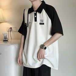 Summer Lapel Color-Block Short-Sleeve Polo Shirt for Men, Casual Versatile Japanese Trendy Brand Korean Style Trendy Student Loose T-Shirt
