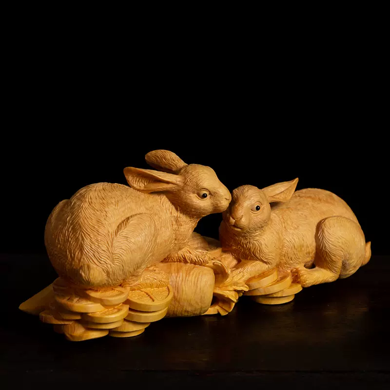 黄杨木小兔子实木客厅雕刻工艺品木雕生肖摆件本命年礼物招财对兔-Taobao
