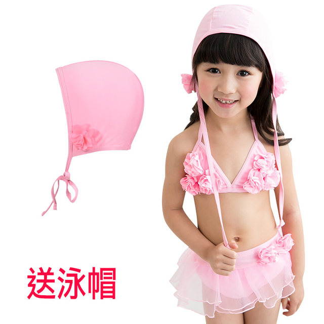 Xinpin baby lace split bikini swimsuit children's hot spring swimsuit with swimming hats cute swimsuit
