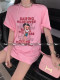 Pink letters printing round neck short -sleeved T -shirt 2023 Summer age reduction cartoon loose large version versatile leisure top