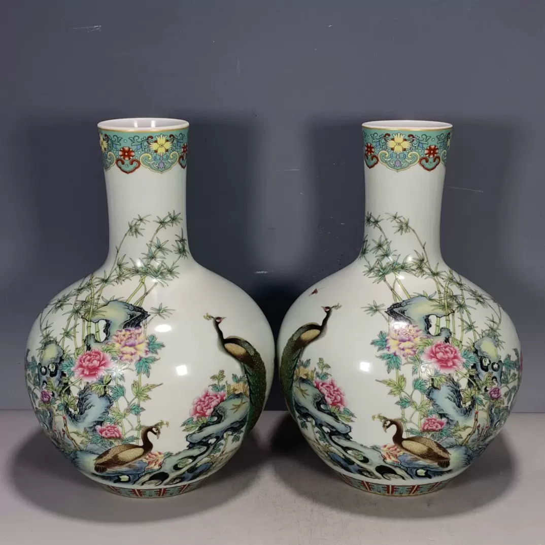 古玩清代雍正年制粉彩花鸟孔雀天球瓶摆件一对家居陶瓷摆件-Taobao