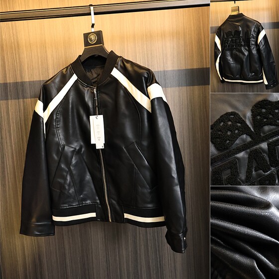 
High-end! Full of motorcycle style! Autumn color-blocking, versatile ultra-fiber washing and windproof leather jacket