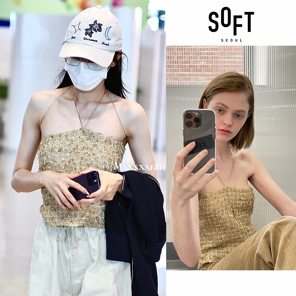 现货迪丽热巴同款SOFT SEOUL韩国设计师品牌粗花呢绑带短款吊带女-Taobao