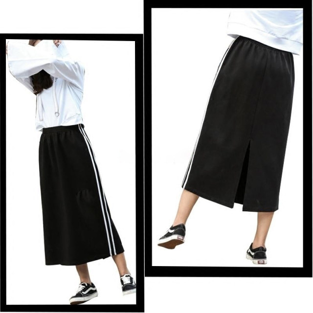 Spring and summer cotton mid-length skirt black high waist versatile skirt women's two-way bar rear slit loose casual sports skirt

