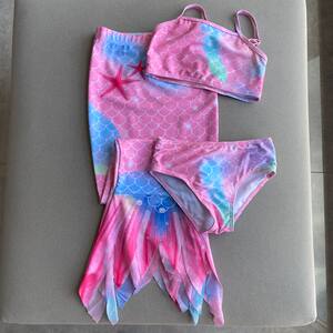 
Three-piece foreign trade original girls' mermaid tail skirt swimming bikini swimsuit and trunks set for small and medium-sized children
