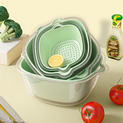 Double-Layer Vegetable Washing Basin with Draining Basket, Eight-Piece Set for Kitchen and Living Room, Household Fruit Washing Tray, Simple Plastic Vegetable Washing Basket