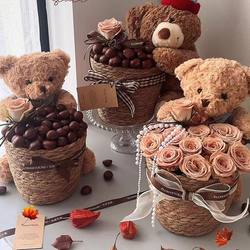 Chestnut Bear Bouquet Hug Bucket Straw Woven Flower Arrangement Basket Strawberry Milk Tea Christmas Birthday Gift Rattan Pot