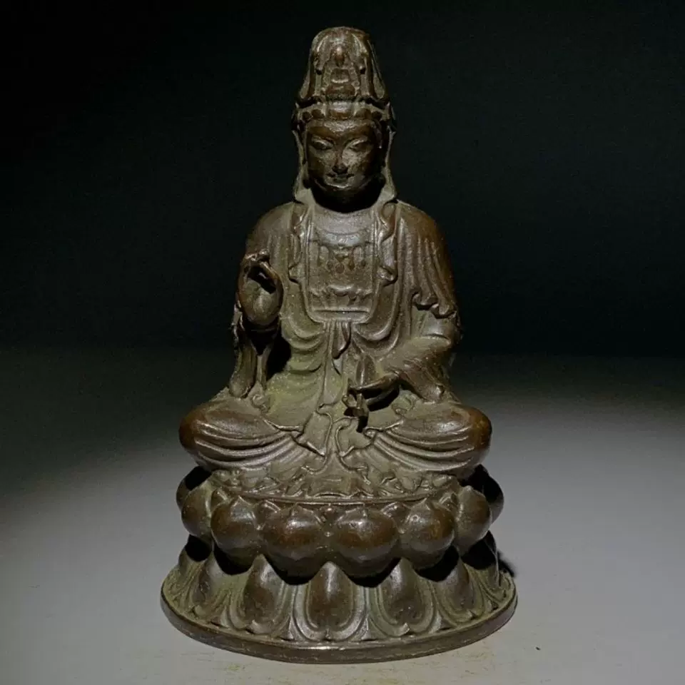 观音菩萨坐像 蓮坐台 紫銅 古玩回流老物件观世音菩萨紫铜摆件古董铜像坐莲净瓶观音