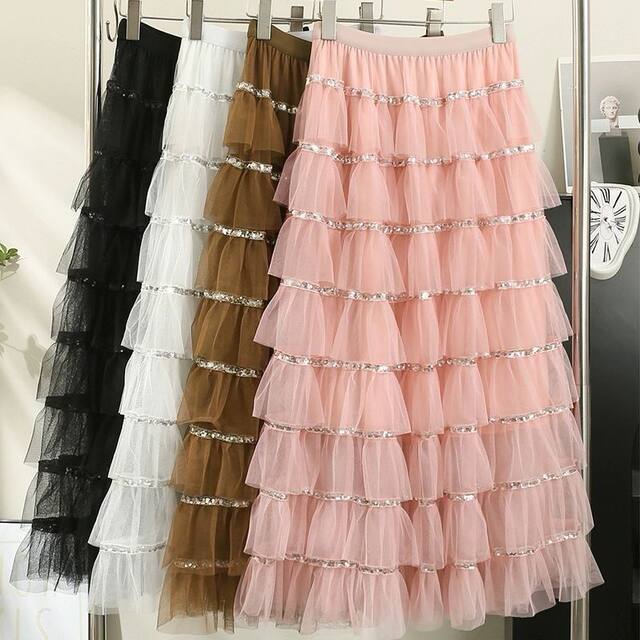 2025 Super Beautiful Spring and Autumn New Eight-Layer Mesh Sequin Splicing Heavy Industry High Waist A-line Sweet Cake Skirt
