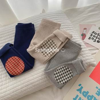 Boys and girls baby spring and autumn contrasting color plaid 1 sub-patch leggings children's spring clothing outer trousers for small and medium-sized children