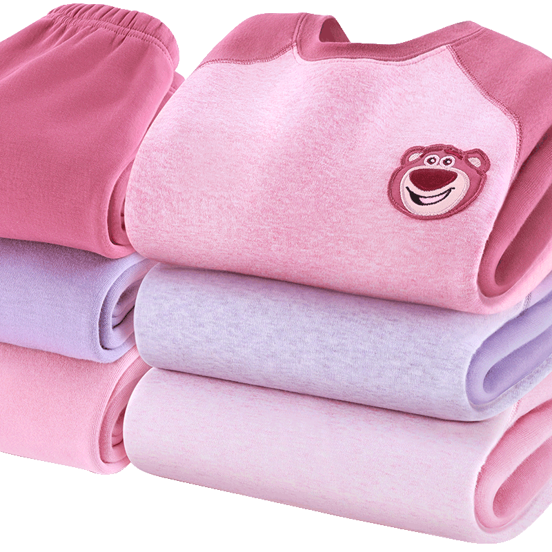 Girls' Thermal Underwear Set Children's Autumn Clothes and Autumn Pants Pure Cotton Plus Velvet Thick Pajamas for Older Children Strawberry Bear Disney