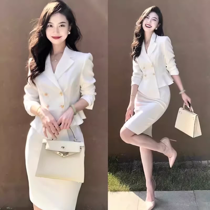 【送料無料/新品】 春秋白色西装套装裙高级感职业正装气质女神范长袖半身裙 スーツ・フォーマル・ドレス
