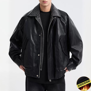 
Men's autumn velvet leather jacket spliced ​​denim fake two-piece lapel leather jacket trendy and handsome motorcycle jacket