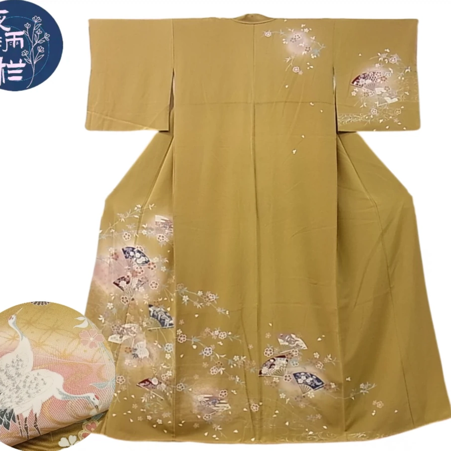 圣域荒漠流水扇面群鶴花纹金彩正绢访问和服166-64.5 -Taobao Singapore