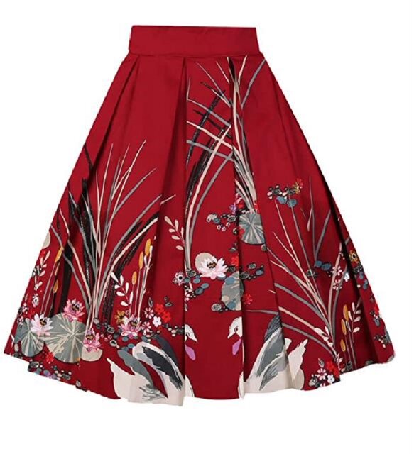 New Chinese style retro print mid-length pleated skirt with A-line puffy over knee high waist umbrella skirt for all seasons