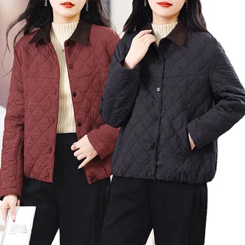 
Middle-aged mother's wear lapel padded jacket for women 2025 autumn new style rhombus loose casual versatile top