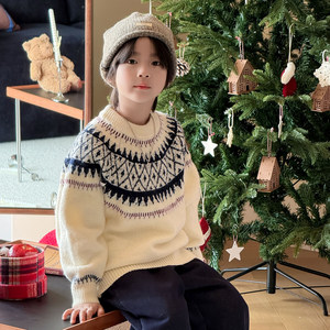 
2025 Winter New Twist Thick Warm Tops Handsome Knitted Sweater Boys Fair Isle Style Pullover Sweater Fashion