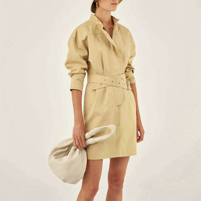 French niche design! Cotton and linen dress autumn half -high -necked waist tape temperament OL high -end commute British work style
