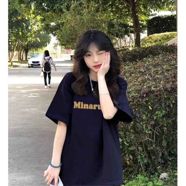 Pure cotton hidden blue letters short-sleeved T-shirt for women 2025 new summer loose design niche trendy top