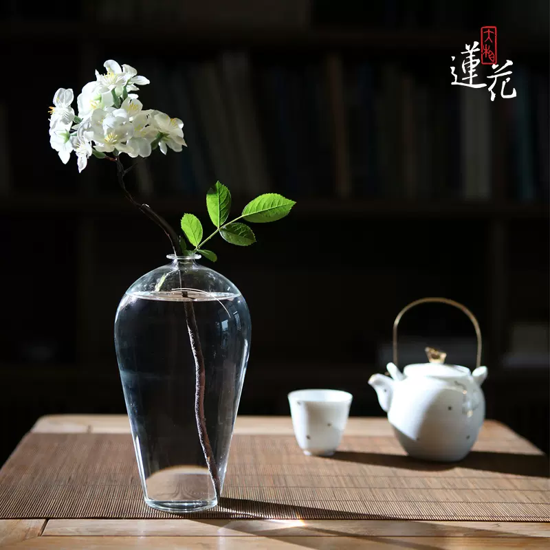 大相莲花日式禅意玻璃花瓶水培透明花器插花水养