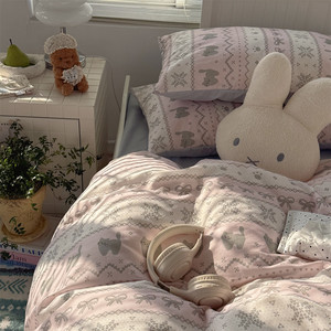 
Limeng Fair Isle Kitten Girl's Four-piece Cotton Sheets and Quilt Covers Dormitory Bedding Set
