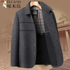
Woodpecker woolen coat men's dad's spring and autumn jacket middle-aged and elderly casual chenille lapel buttoned jacket
