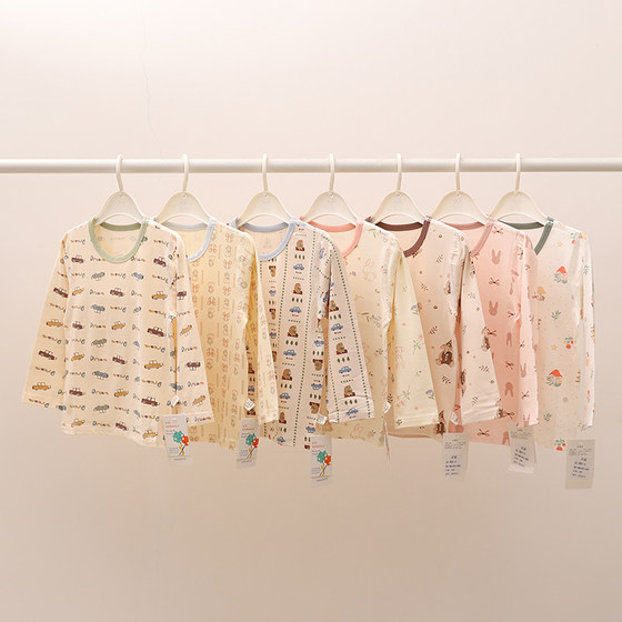 
Children's round neck cartoon Mo cotton long-sleeved T-shirt boys and girls boneless single-piece autumn clothes spring and autumn underwear bottoming pajamas