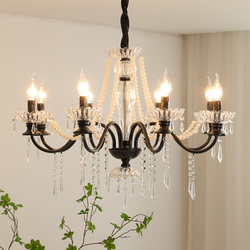 French Retro Chandelier, High-End Crystal Living Room Lamp, American Mid-Century Style Dining Room Bedroom Pearl Black Candle Lamp