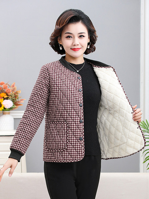 Middle-aged and elderly autumn and winter new fashionable plaid plus velvet short coat mother's style modern round neck thickened warm cotton jacket