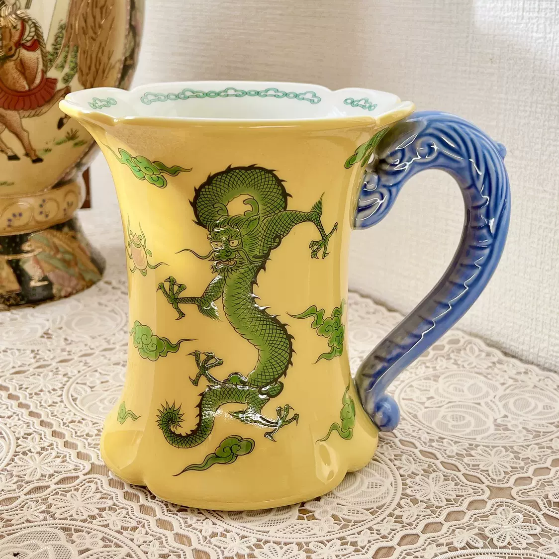 日本深川制磁黄釉手绘龙凤杯花瓶插花装饰摆件瓷瓶陶瓷共