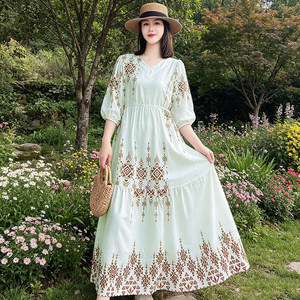 
Summer floral dress waist-covering belly cotton silk women's fat mm loose slimming cotton silk long dress cake dress